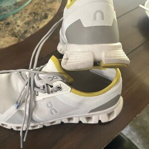 On Running Women's Athletic Shoes - White, Gray, Yellow Trim